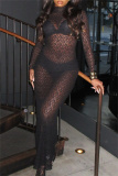 Black Half A Turtleneck Sheer Long Sleeve Evening Party Gown Clubwear Lace Maxi Dress