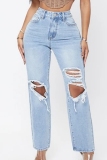 Light Blue Casual High Waist Slim Fit Ripped Denim Jeans