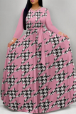 Orange Geometric Print Deep V Neck 3/4 Sleeve Strap Design Belted Floor Length Plus Size Vacation Loose A Line Maxi Dress