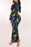 Navy Blue Leaf Print U Neck Long Sleeve Slim Fit Party Club Wear Bodycon Maxi Dresses