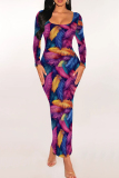 Navy Blue Leaf Print U Neck Long Sleeve Slim Fit Party Club Wear Bodycon Maxi Dresses