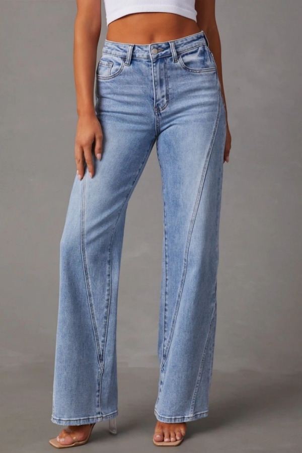 Blue Casual High Waist Distressed Straight Leg Denim Jeans
