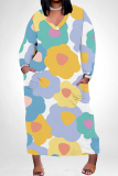 Blue Apricot Floral Print V Neck Long Sleeve Plus Size Casual Outing Straight Loose Maxi Dress with Pocket