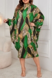 Green Graphics Print Half A Turtleneck with Cut-Out Batwing Sleeve Plus Size Casual Vacation Straight Loose Midi Dresses