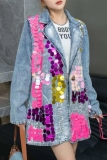 Blue Turndown Collar Long Sleeve Colorful Sequin Embellishments Denim Blazer Jacket