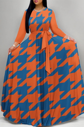 Orange Geometric Print Deep V Neck 3/4 Sleeve Strap Design Belted Floor Length Plus Size Vacation Loose A Line Maxi Dress
