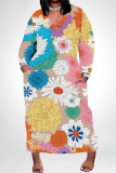 Blue Apricot Floral Print V Neck Long Sleeve Plus Size Casual Outing Straight Loose Maxi Dress with Pocket
