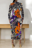 Orange Flowers Snakeskin Gradient Print O Neck Long Sleeve Casual Street Fall Outings Bodycon Pencil Midi Dress