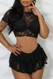 Black Lace Patchwork Sheer O Neck Short Sleeve Crop Tops And Shorts Two Pieces Shorts Sets