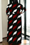 Red Blue Striped Plaid Print Deep V Neck 3/4 Sleeve Strap Design Belted Floor Length Plus Size Vacation Loose A Line Maxi Dress