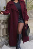 Claret Wide Lapel Collar Long Sleeve Belted Waist Long Wool Trench Coat Winter Double Breasted Outerwear
