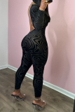 Black Casual Outing Graphcis Print Patchwork Backless O Neck Long Sleeve Skinny Jumpsuits One Piece Bodysuit