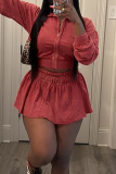 Red Casual Outing Zipper Collar Long Sleeve Crop Jackets And Pleated Mini Skirt Two Pieces Dress Sets