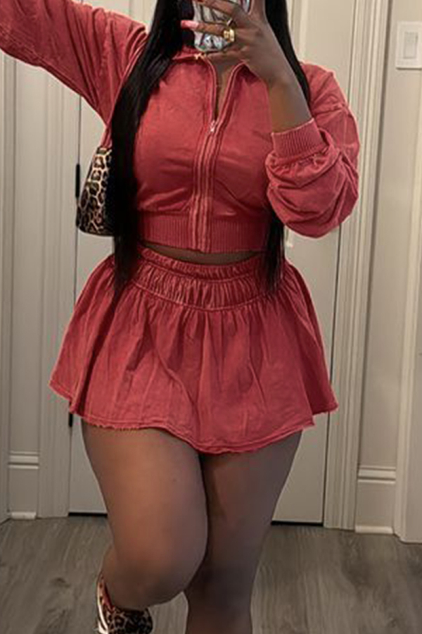 Red Casual Outing Zipper Collar Long Sleeve Crop Jackets And Pleated Mini Skirt Two Pieces Dress Sets