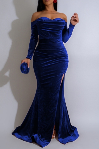 Blue Off Shoulder Long Sleeve High Side Slit with Long Trailing Ruched Formal Evening Party Gown Bodycon Prom Velvet Maxi Dresses