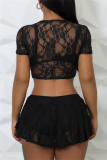 Black Lace Patchwork Sheer O Neck Short Sleeve Crop Tops And Shorts Two Pieces Shorts Sets