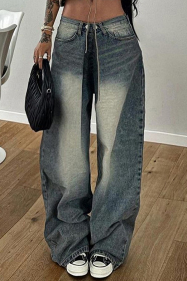 Blue Casual Patchwork High Waist Distressed Loose Wide Leg Denim Jeans
