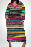 Colorful Boho Graphics Print V Neck Long Sleeve Plus Size Casual Outing Straight Loose Maxi Dress with Pocket