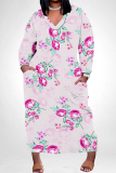 Blue Apricot Floral Print V Neck Long Sleeve Plus Size Casual Outing Straight Loose Maxi Dress with Pocket