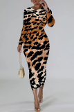 Orange Flowers Snakeskin Gradient Print O Neck Long Sleeve Casual Street Fall Outings Bodycon Pencil Midi Dress