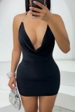 Black Sleeveless Backless Spaghetti Strap Wrapped Skirt Night Club Bodycon Halter Mini Dresses