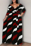 Red Blue Striped Plaid Print Deep V Neck 3/4 Sleeve Strap Design Belted Floor Length Plus Size Vacation Loose A Line Maxi Dress