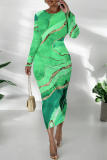 Orange Flowers Snakeskin Gradient Print O Neck Long Sleeve Casual Street Fall Outings Bodycon Pencil Midi Dress
