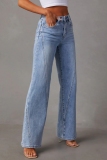 Blue Casual High Waist Distressed Straight Leg Denim Jeans