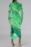 Orange Flowers Snakeskin Gradient Print O Neck Long Sleeve Casual Street Fall Outings Bodycon Pencil Midi Dress