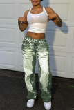 Green Casual Graphics Print Buttons Loose Mid Waist Straight Wide Leg Pants