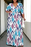 Red Blue Striped Plaid Print Deep V Neck 3/4 Sleeve Strap Design Belted Floor Length Plus Size Vacation Loose A Line Maxi Dress