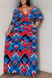 Red Blue Striped Plaid Print Deep V Neck 3/4 Sleeve Strap Design Belted Floor Length Plus Size Vacation Loose A Line Maxi Dress