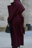 Claret Wide Lapel Collar Long Sleeve Belted Waist Long Wool Trench Coat Winter Double Breasted Outerwear