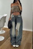 Blue Casual Patchwork High Waist Distressed Loose Wide Leg Denim Jeans