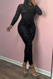 Black Casual Outing Graphcis Print Patchwork Backless O Neck Long Sleeve Skinny Jumpsuits One Piece Bodysuit