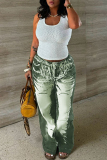 Green Casual Graphics Print Buttons Loose Mid Waist Straight Wide Leg Pants
