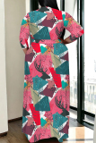 Red Blue Striped Plaid Print Deep V Neck 3/4 Sleeve Strap Design Belted Floor Length Plus Size Vacation Loose A Line Maxi Dress