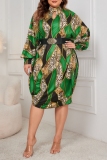 Green Graphics Print Half A Turtleneck with Cut-Out Batwing Sleeve Plus Size Casual Vacation Straight Loose Midi Dresses