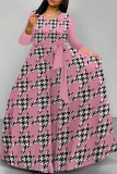 Orange Geometric Print Deep V Neck 3/4 Sleeve Strap Design Belted Floor Length Plus Size Vacation Loose A Line Maxi Dress