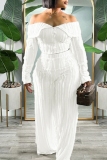 White Pleated Texture Off-Shoulder Long Sleeve Crop Tops and Wide-Leg Pants Formal Evening Two Pieces Trouser Sets