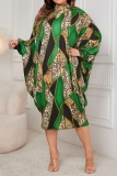 Green Graphics Print Half A Turtleneck with Cut-Out Batwing Sleeve Plus Size Casual Vacation Straight Loose Midi Dresses