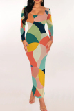 Navy Blue Leaf Print U Neck Long Sleeve Slim Fit Party Club Wear Bodycon Maxi Dresses