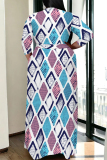 Red Blue Striped Plaid Print Deep V Neck 3/4 Sleeve Strap Design Belted Floor Length Plus Size Vacation Loose A Line Maxi Dress