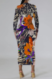 Orange Flowers Snakeskin Gradient Print O Neck Long Sleeve Casual Street Fall Outings Bodycon Pencil Midi Dress