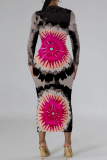 Green Floral Print O Neck Long Sleeve Casual Outings  Fall Bodycon Pencil Midi Dress
