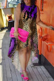 Orange Yellow Plaid Leopard Snowflakes Letters Print Sleeveless O Neck High-Low Hem Straight Loose Midi Dress