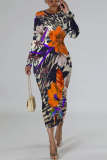 Orange Flowers Snakeskin Gradient Print O Neck Long Sleeve Casual Street Fall Outings Bodycon Pencil Midi Dress