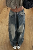 Blue Casual Patchwork High Waist Distressed Loose Wide Leg Denim Jeans
