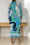 Green Floral Print O Neck Long Sleeve Casual Outings  Fall Bodycon Pencil Midi Dress