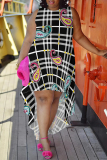 Orange Yellow Plaid Leopard Snowflakes Letters Print Sleeveless O Neck High-Low Hem Straight Loose Midi Dress
